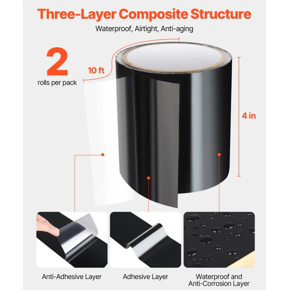VEVOR Waterproof Patch and Seal Tape, 4 inch x 10 ft, Pack of 2, Weather-Resistant Waterproof Tape for Leaks and Repairs, Peel and Stick Easy Indoor and Outdoor Use for Roof, Wall, and Pipe, Black
