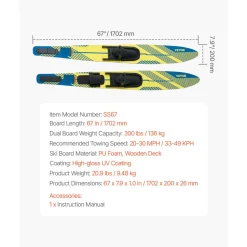 VEVOR 67" Water Skis, Adult Water Ski with X-9 Adjustable Horseshoe Bindings & Padded Rear Toe Plate, High-gloss UV Coating Waterskis Combo for Adults Up to 300 lbs