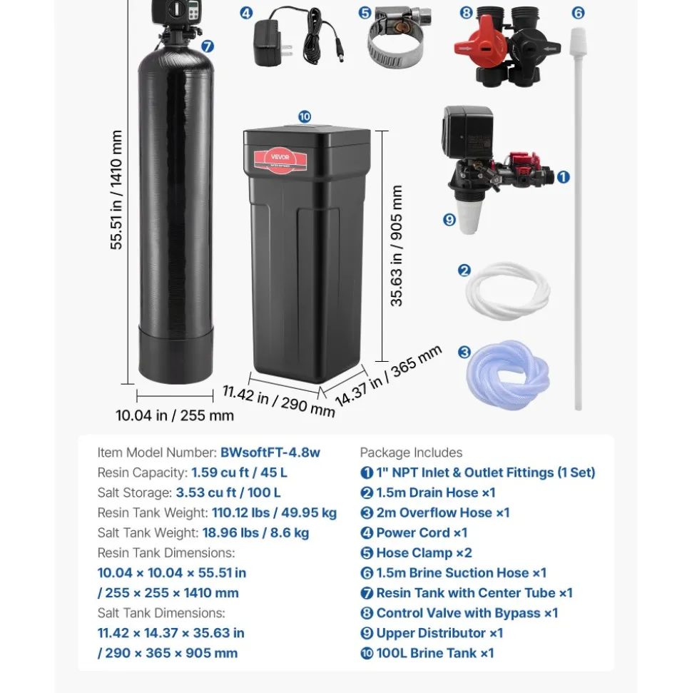 VEVOR Water Softener, 48,000 Grains Whole House Water Softener System, with Automatic Digital Control Head, Bypass Valve, Reduce Hardness and Minerals, Improve Water Quality, for 3-4 Bathrooms