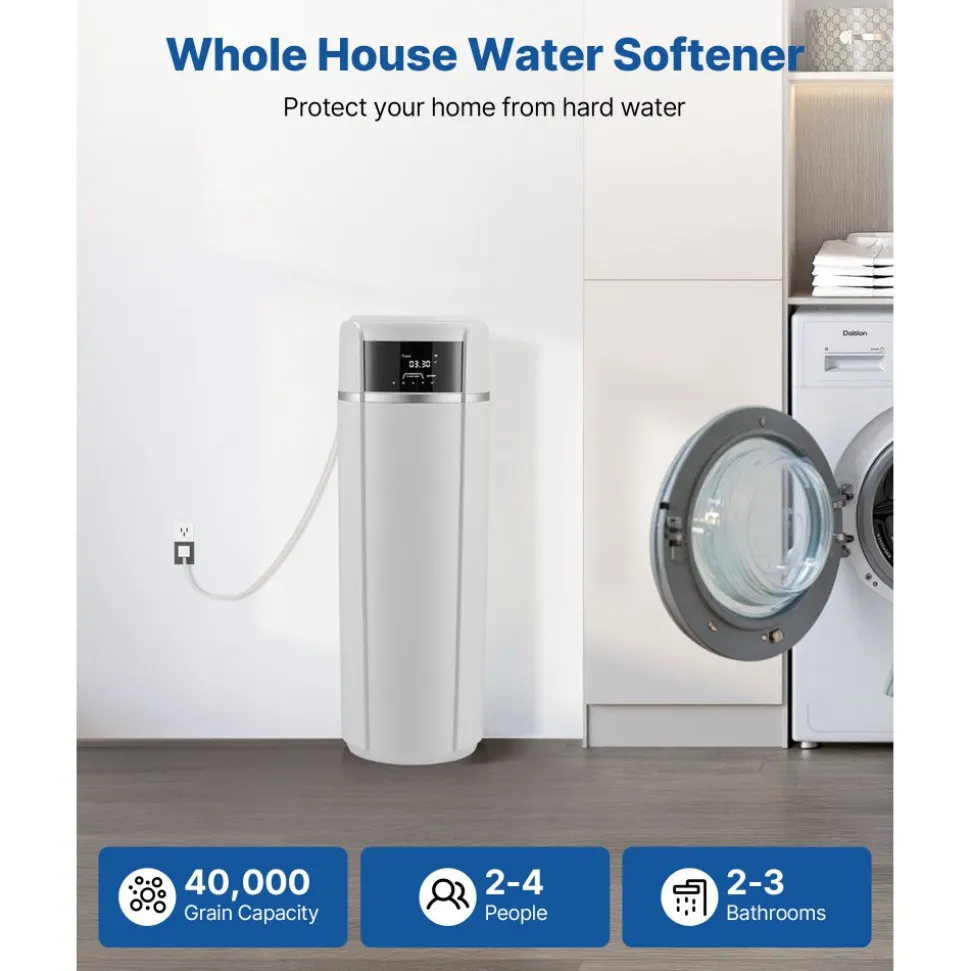 VEVOR Water Softener, 40,000 Grains Whole House Water Softener System, with Automatic Touch Control Panel, Bypass Valve, Reduce Hardness and Minerals, Improve Water Quality, for 2-3 Bathrooms