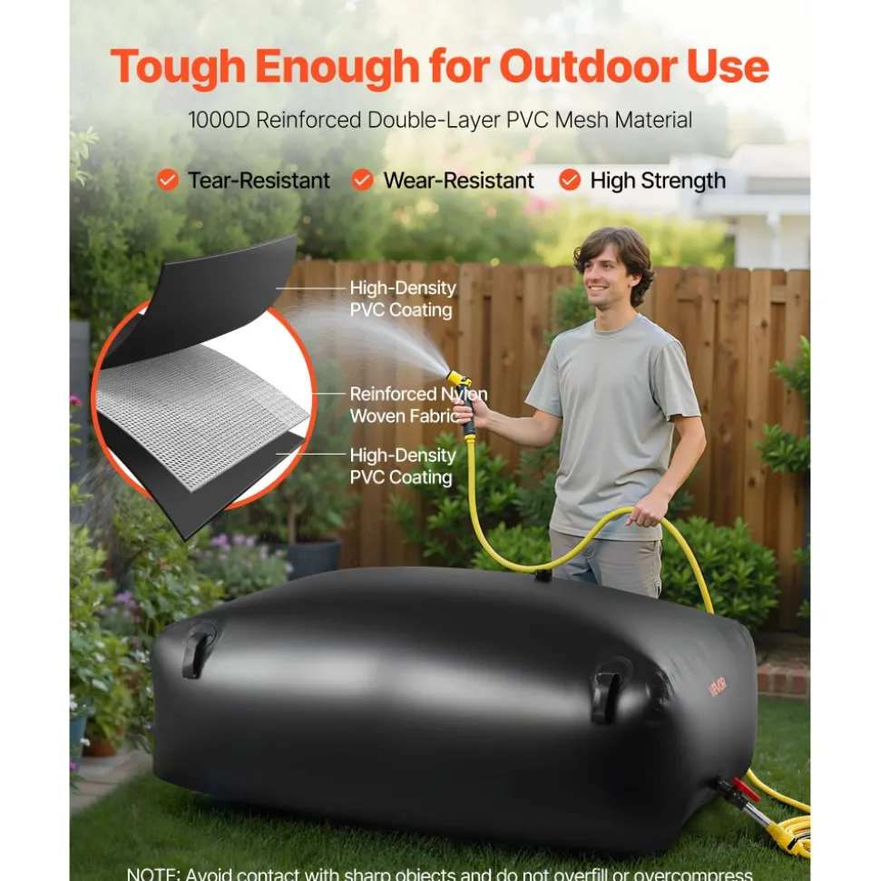 VEVOR Water Storage Bladder, 264.2 Gal Collapsible Water Storage Bag, Wear-Resistant 1000D PVC Soft Waters Bag, Leakproof Camping Tank Containers for Garden Irrigation RV Emergency Use, Black