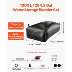 VEVOR Water Storage Bladder, 264.2 Gal Collapsible Water Storage Bag, Wear-Resistant 1000D PVC Soft Waters Bag, Leakproof Camping Tank Containers for Garden Irrigation RV Emergency Use, Black