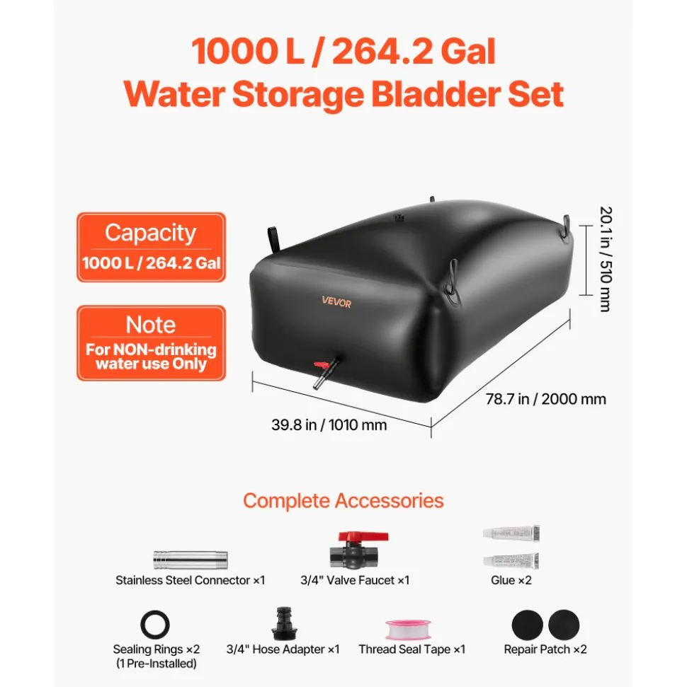 VEVOR Water Storage Bladder, 264.2 Gal Collapsible Water Storage Bag, Wear-Resistant 1000D PVC Soft Waters Bag, Leakproof Camping Tank Containers for Garden Irrigation RV Emergency Use, Black