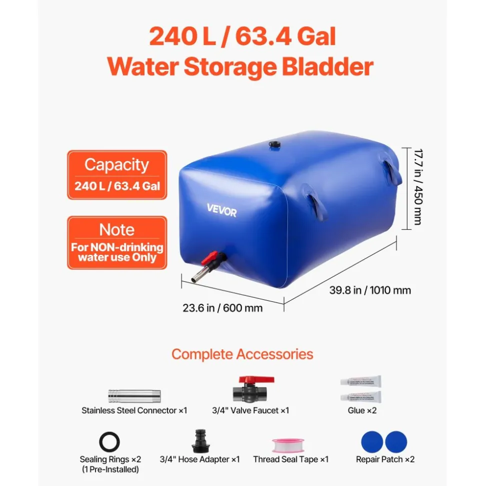 VEVOR Water Storage Bladder, 87.2 Gal Collapsible Water Storage Bag, Wear-Resistant 1000D PVC Soft Waters Bag, Leakproof Camping Tank Containers for Garden Irrigation RV Emergency Use, Blue