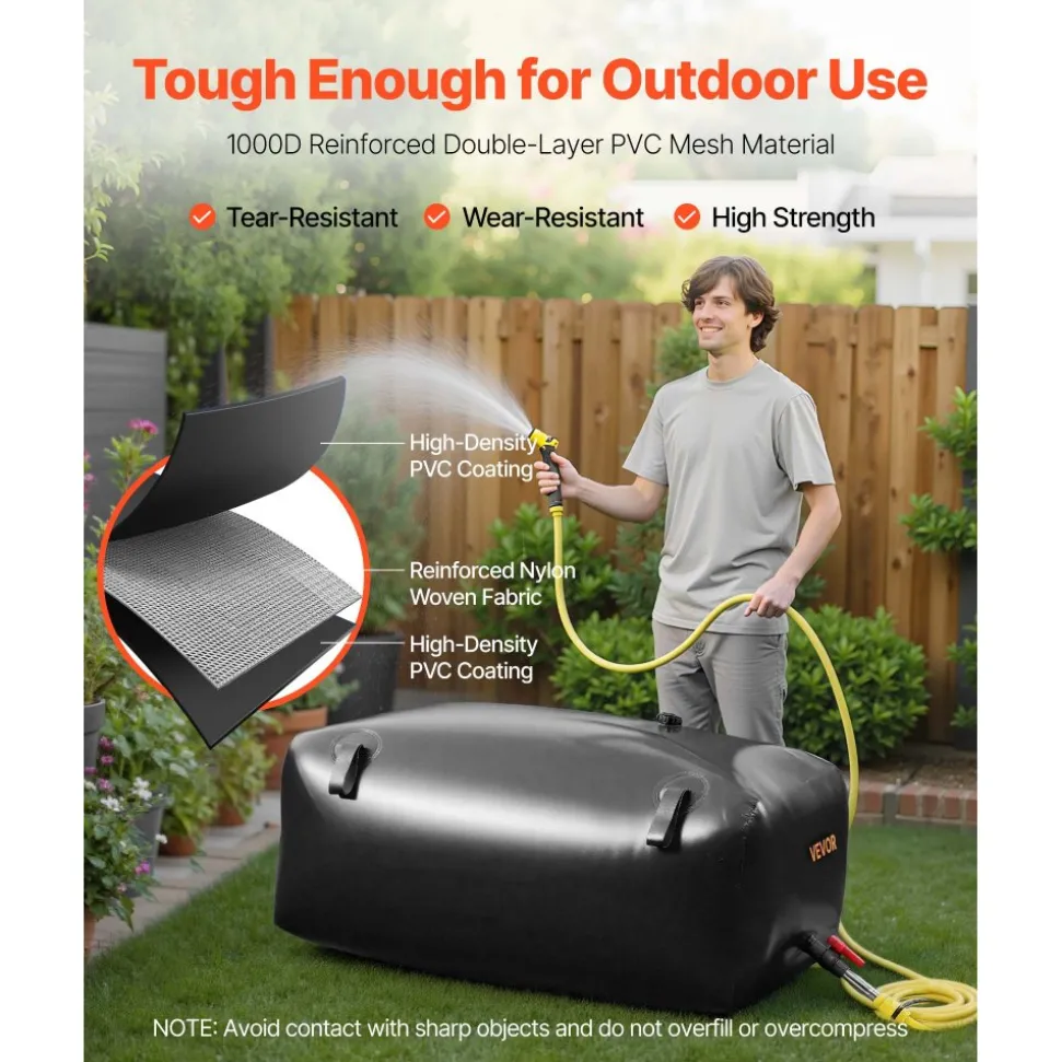 VEVOR Water Storage Bladder, 87.2 Gal Collapsible Water Storage Bag, Wear-Resistant 1000D PVC Soft Waters Bag, Leakproof Camping Tank Containers for Garden Irrigation RV Emergency Use, Black