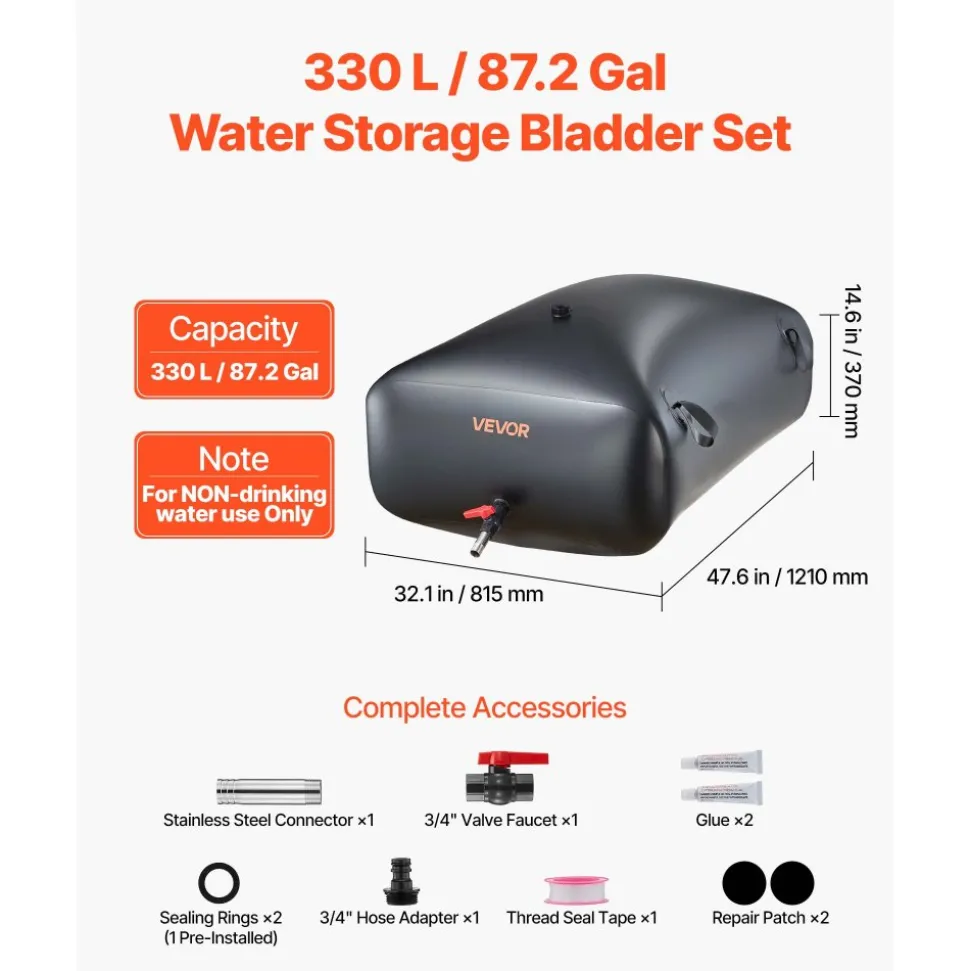 VEVOR Water Storage Bladder, 87.2 Gal Collapsible Water Storage Bag, Wear-Resistant 1000D PVC Soft Waters Bag, Leakproof Camping Tank Containers for Garden Irrigation RV Emergency Use, Black