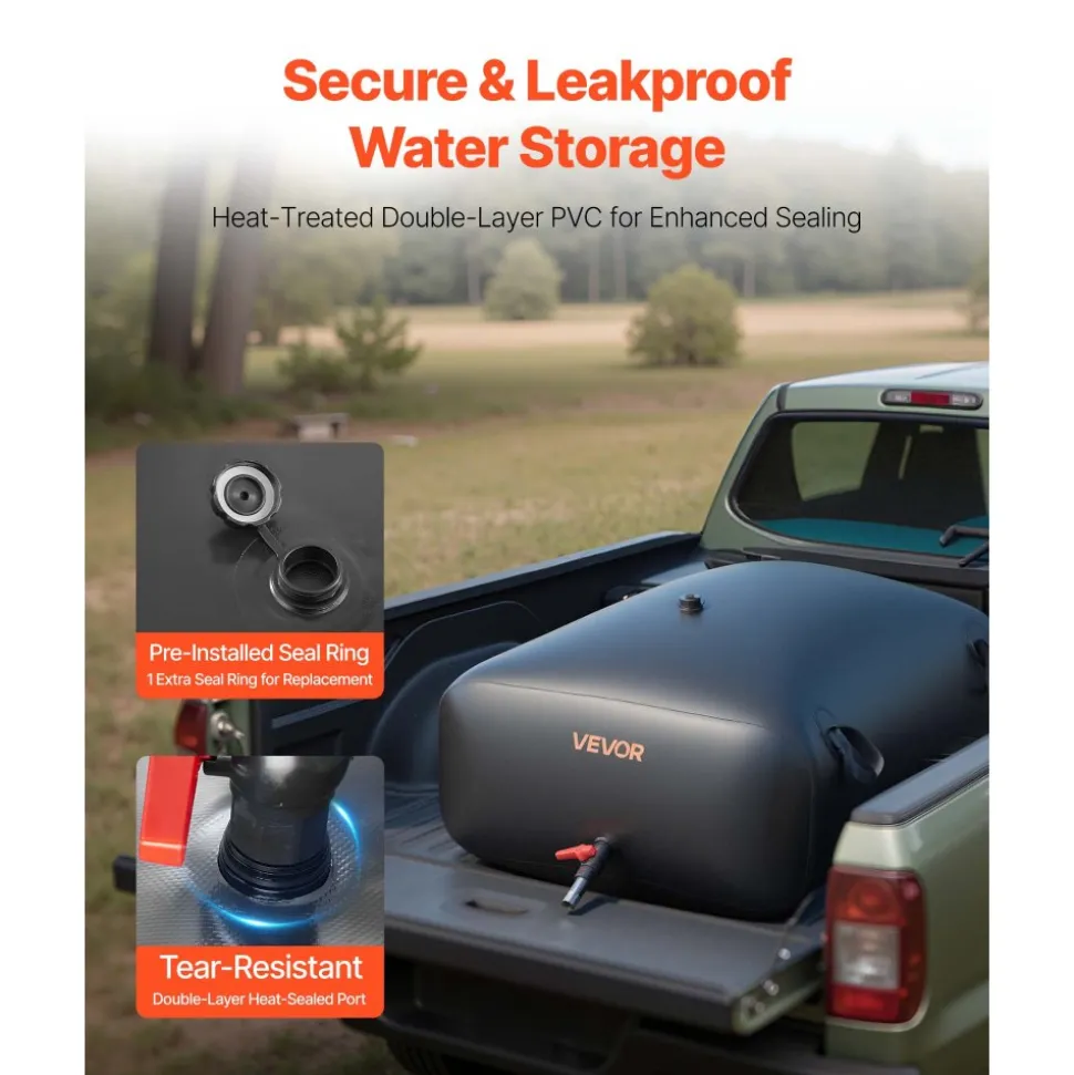 VEVOR Water Storage Bladder, 87.2 Gal Collapsible Water Storage Bag, Wear-Resistant 1000D PVC Soft Waters Bag, Leakproof Camping Tank Containers for Garden Irrigation RV Emergency Use, Black