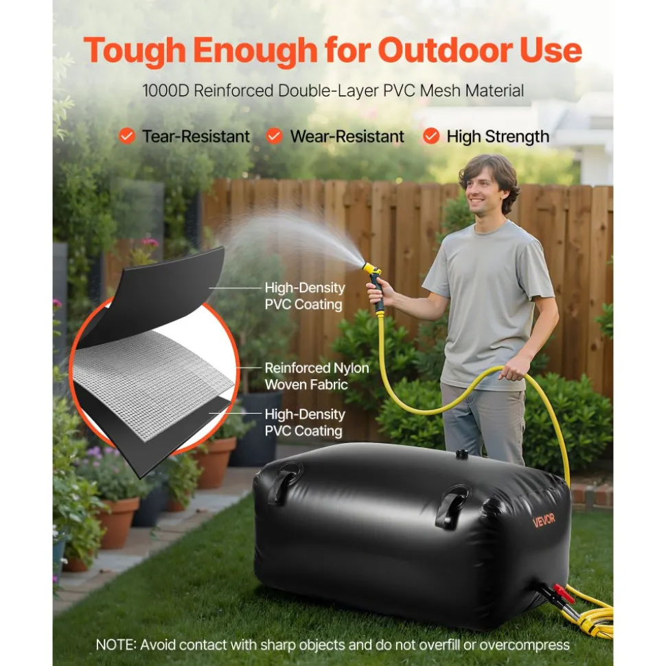 VEVOR Water Storage Bladder, 30 Gal Collapsible Water Storage Bag, Wear-Resistant 1000D PVC Soft Waters Bag, Leakproof Camping Tank Containers for Garden Irrigation RV Emergency Use, Black
