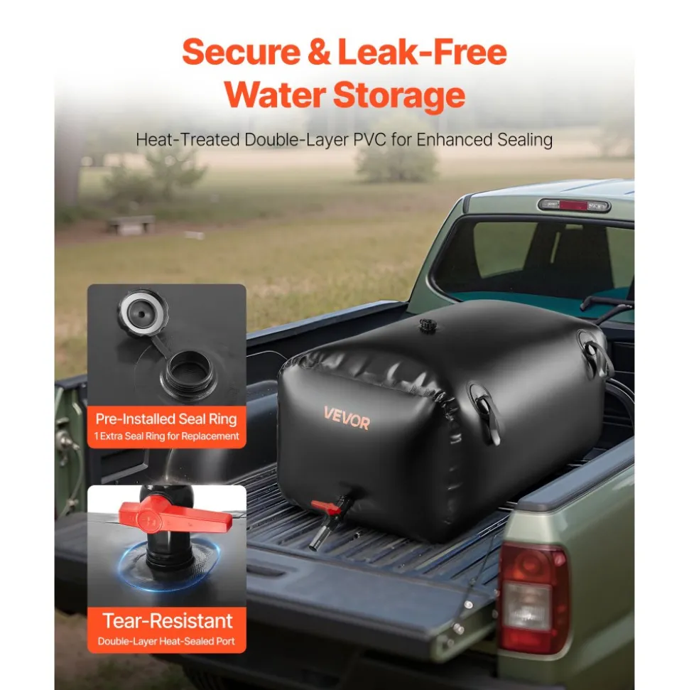 VEVOR Water Storage Bladder, 30 Gal Collapsible Water Storage Bag, Wear-Resistant 1000D PVC Soft Waters Bag, Leakproof Camping Tank Containers for Garden Irrigation RV Emergency Use, Black