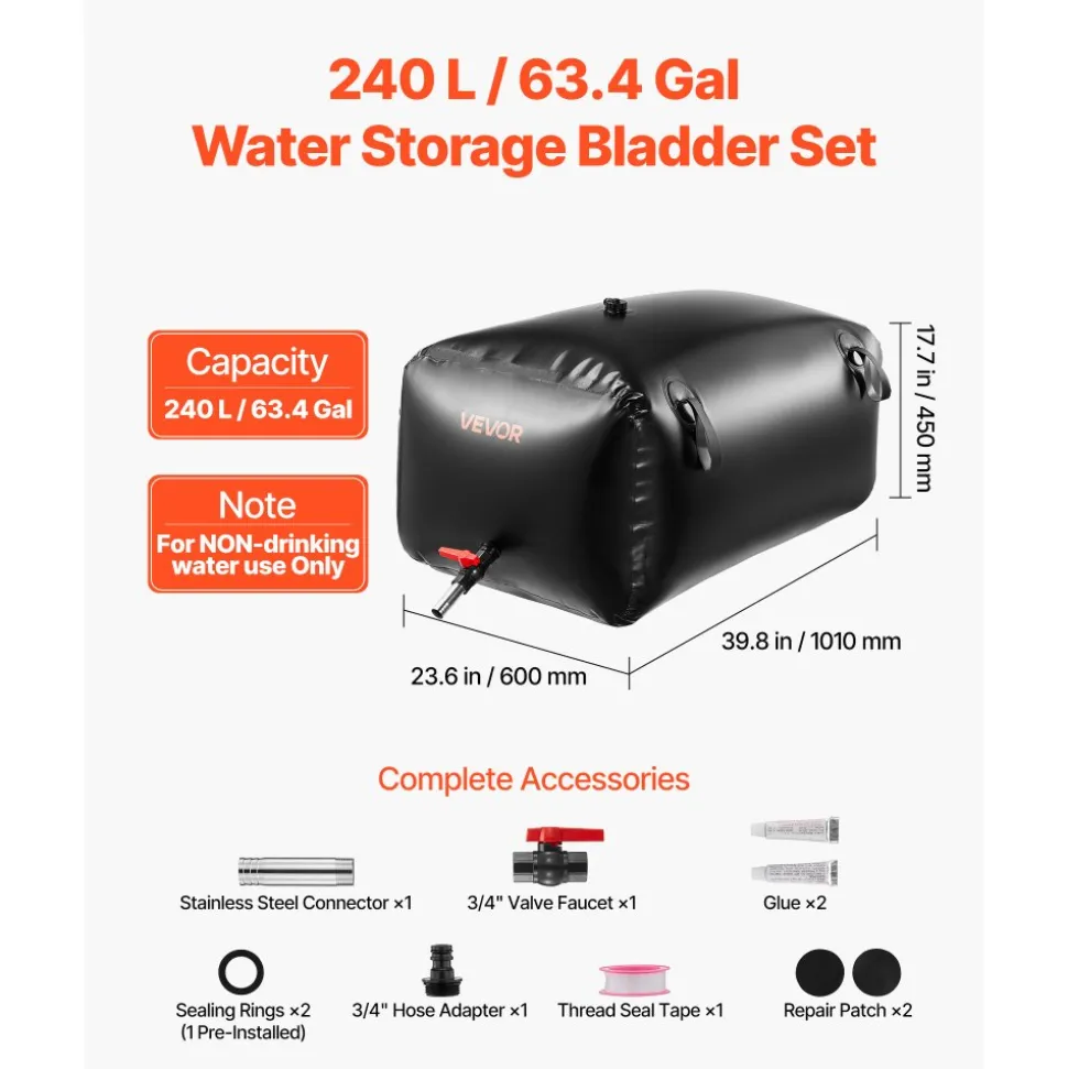 VEVOR Water Storage Bladder, 30 Gal Collapsible Water Storage Bag, Wear-Resistant 1000D PVC Soft Waters Bag, Leakproof Camping Tank Containers for Garden Irrigation RV Emergency Use, Black