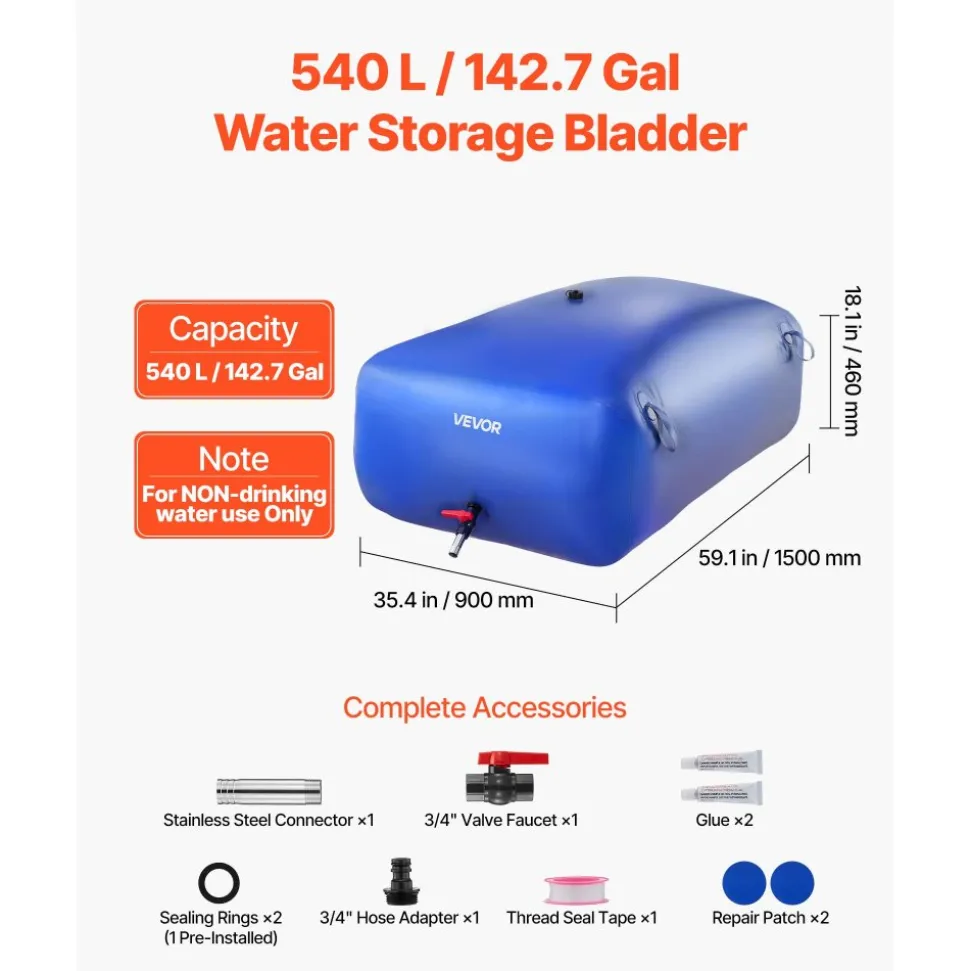 VEVOR Water Storage Bladder, 142.7 Gal Collapsible Water Storage Bag, Wear-Resistant 1000D PVC Soft Waters Bag, Leakproof Camping Tank Containers for Garden Irrigation RV Emergency Use, Blue