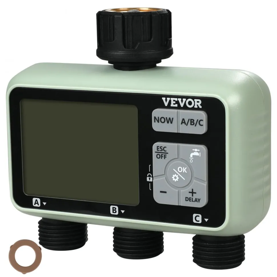 VEVOR Water Timer, 3 Outlets, Hose Watering Sprinkler Timer, with 3 Independent Watering Zone LCD Display Rain Delay Mode Manual Mode 360° Brass Inlet Metal Filter, IPX6 Waterproof for Yard Watering