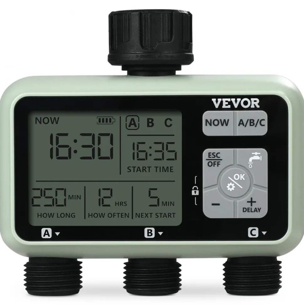 VEVOR Water Timer, 3 Outlets, Hose Watering Sprinkler Timer, with 3 Independent Watering Zone LCD Display Rain Delay Mode Manual Mode 360° Brass Inlet Metal Filter, IPX6 Waterproof for Yard Watering