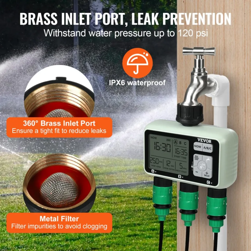 VEVOR Water Timer, 3 Outlets, Hose Watering Sprinkler Timer, with 3 Independent Watering Zone LCD Display Rain Delay Mode Manual Mode 360° Brass Inlet Metal Filter, IPX6 Waterproof for Yard Watering