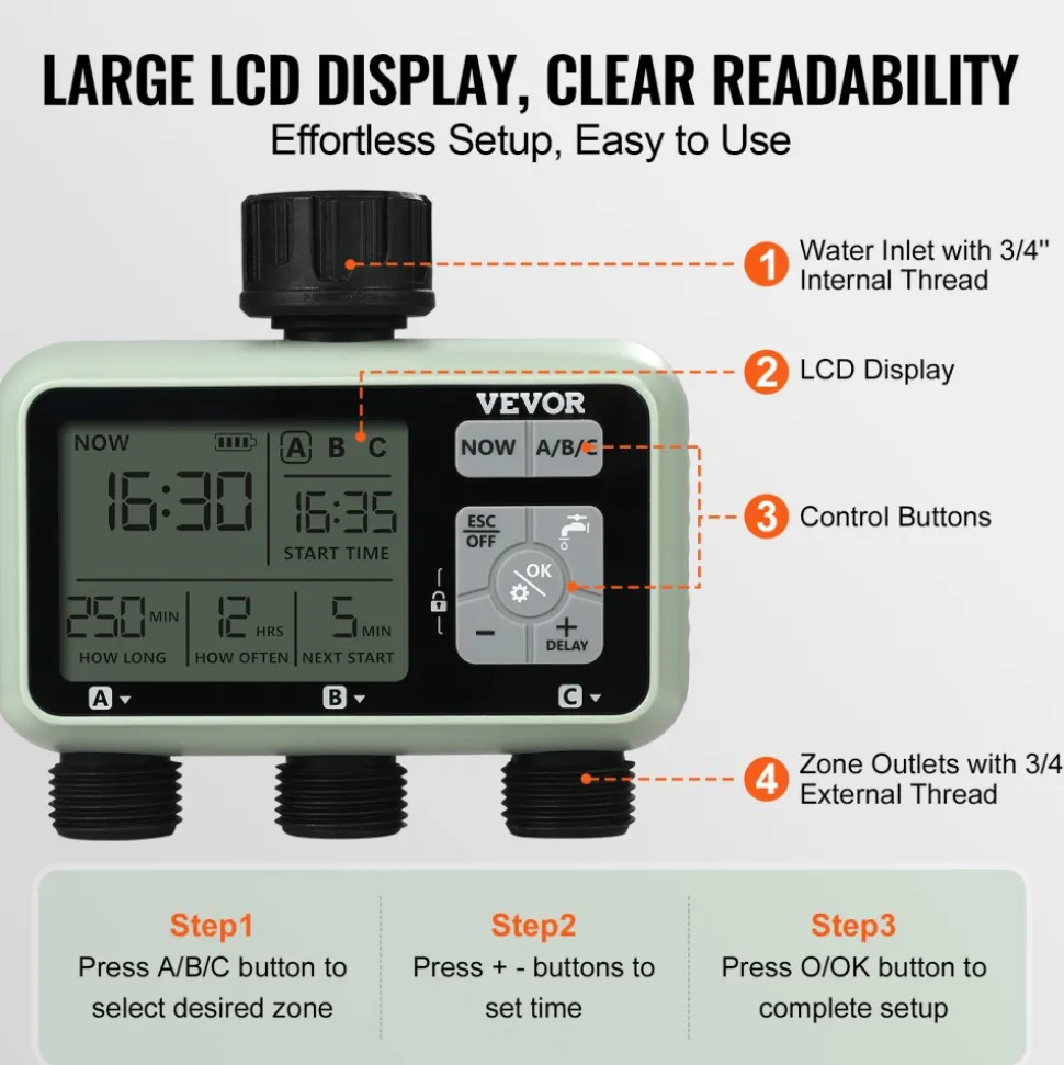 VEVOR Water Timer, 3 Outlets, Hose Watering Sprinkler Timer, with 3 Independent Watering Zone LCD Display Rain Delay Mode Manual Mode 360° Brass Inlet Metal Filter, IPX6 Waterproof for Yard Watering