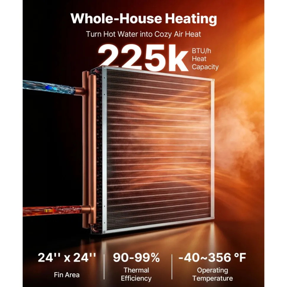 VEVOR Water to Air Heat Exchanger, 14 x 14 in Finned Tube HVAC Heat Exchanger Coil with Copper Tubes & Aluminum Fins, 65K BTU Output for Outdoor Wood Furnace, Hydronic Heating & Cooling Systems