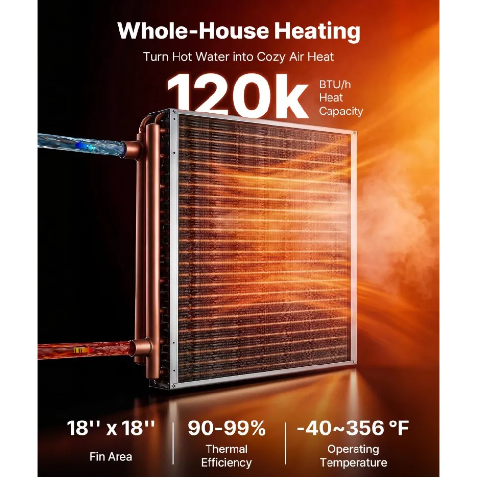 VEVOR Water to Air Heat Exchanger, 18 x 18 in Finned Tube HVAC Heat Exchanger Coil with Copper Tubes & Aluminum Fins, 120K BTU Output for Outdoor Wood Furnace, Hydronic Heating & Cooling Systems