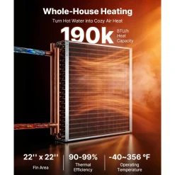VEVOR Water to Air Heat Exchanger, 22 x 22 in Finned Tube HVAC Heat Exchanger Coil with Copper Tubes & Aluminum Fins, 190K BTU Output for Outdoor Wood Furnace, Hydronic Heating & Cooling Systems