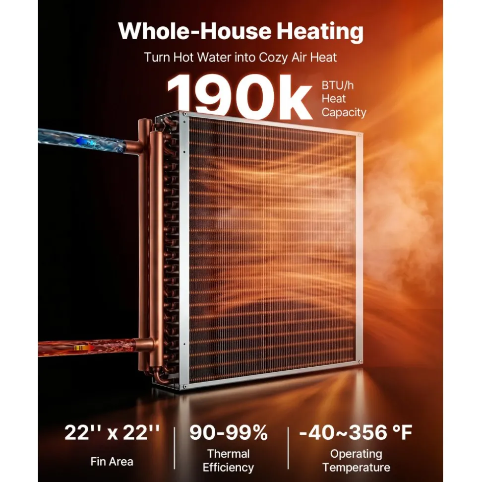 VEVOR Water to Air Heat Exchanger, 22 x 22 in Finned Tube HVAC Heat Exchanger Coil with Copper Tubes & Aluminum Fins, 190K BTU Output for Outdoor Wood Furnace, Hydronic Heating & Cooling Systems