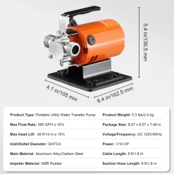 VEVOR Water Transfer Pump, 120V AC 360 GPH 1/10 HP, Portable Electric Utility Pump with 6 ft Suction Hose Kit, Carbon Brushes, Impeller, Suction Strainer, for Garden, Rain Barrel, Pool, Pond, Aquarium