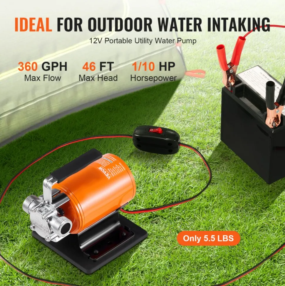 VEVOR Water Transfer Pump, 12V DC 360 GPH 1/10HP, Portable Electric Utility Pump with 6 ft Suction Hose Kit, Impeller, Suction Strainer, for Garden, Rain Barrel, Pool, Pond, Hot Tub, Aquarium Draining