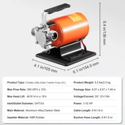 VEVOR Water Transfer Pump, 12V DC 360 GPH 1/10HP, Portable Electric Utility Pump with 6 ft Suction Hose Kit, Impeller, Suction Strainer, for Garden, Rain Barrel, Pool, Pond, Hot Tub, Aquarium Draining