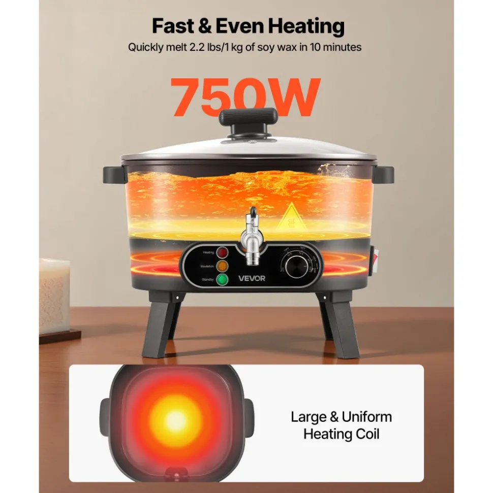 VEVOR Wax Melter for Candle Making, 6.3 Qts, Fast and Even Heating, with Easy Pour Spout and Temperature Control, Grooved Base for Non-Stick and Smooth Flow, Wax Melting Pot for Making Candles Soaps