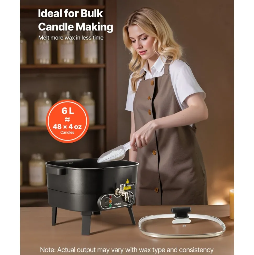 VEVOR Wax Melter for Candle Making, 6.3 Qts, Fast and Even Heating, with Easy Pour Spout and Temperature Control, Grooved Base for Non-Stick and Smooth Flow, Wax Melting Pot for Making Candles Soaps