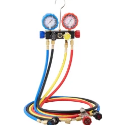 VEVOR 4 Way AC Gauge - AC Manifold Gauge Set for R134A R22 R12 R410A Refrigerant, Freon Gauges with 5ft Hoses, Couplers, Can Tap Works on Car Auto Freon Charging and Evacuation