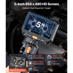 VEVOR 2-Way Dual-Lens Articulating Endoscope with Light, 1080P HD Industrial Borescope Inspection Camera with 0.24-inch Slim Articulated Probe, Rigid Snake Scope Cam for Wall Automotive Inspect-4.9FT