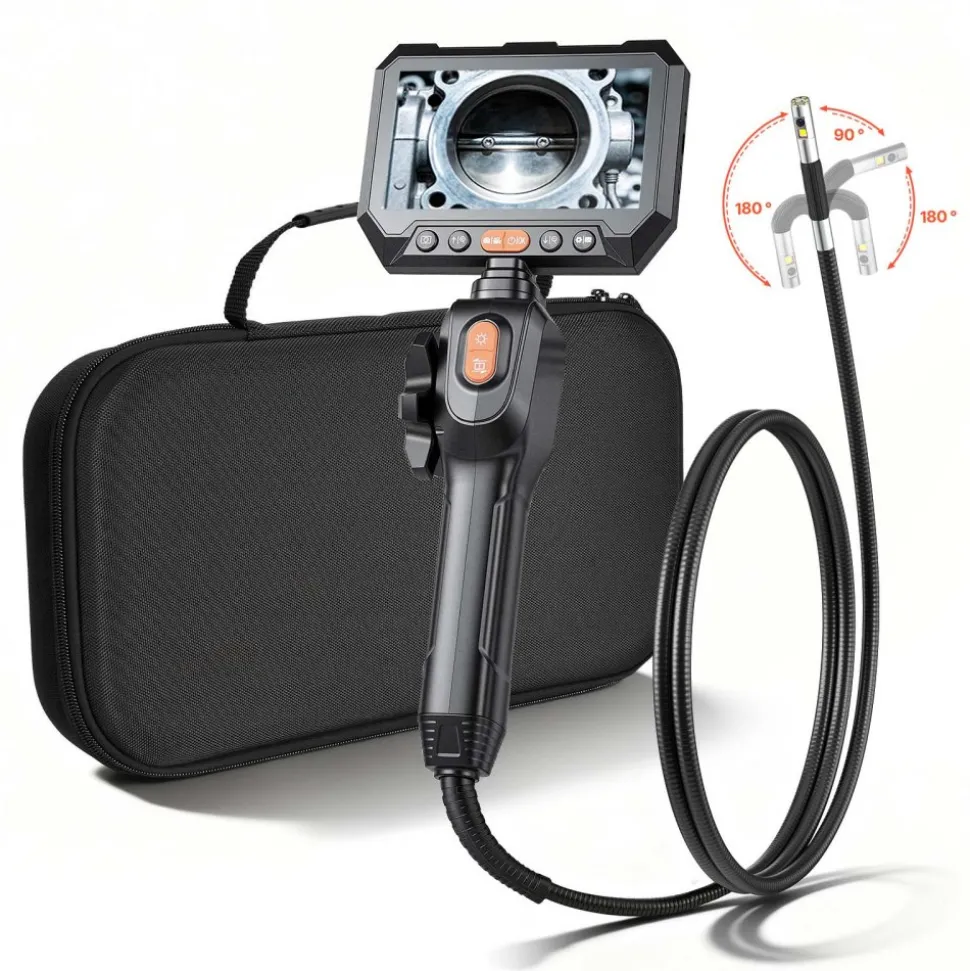 VEVOR 2-Way Dual-Lens Articulating Endoscope with Light, 1080P HD Industrial Borescope Inspection Camera with 0.24-inch Slim Articulated Probe, Rigid Snake Scope Cam for Wall Automotive Inspect-4.9FT