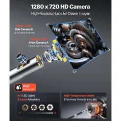 VEVOR 2-Way Dual-Lens Articulating Endoscope with Light, 1080P HD Industrial Borescope Inspection Camera with 0.24-inch Slim Articulated Probe, Rigid Snake Scope Cam for Wall Automotive Inspect-4.9FT