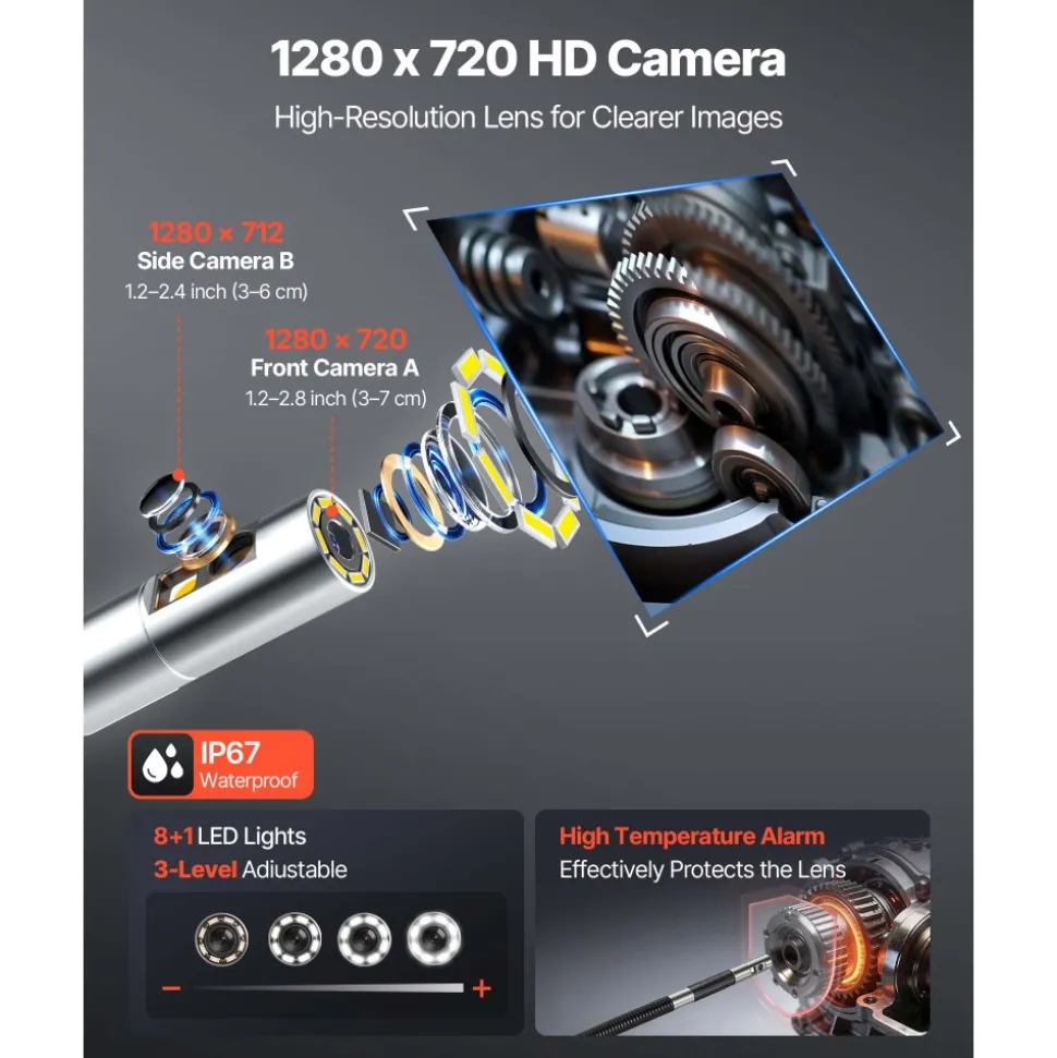 VEVOR 2-Way Dual-Lens Articulating Endoscope with Light, 1080P HD Industrial Borescope Inspection Camera with Articulated Probe, Rigid Snake Scope Cam for Wall Automotive Engine Inspect-4.9FT