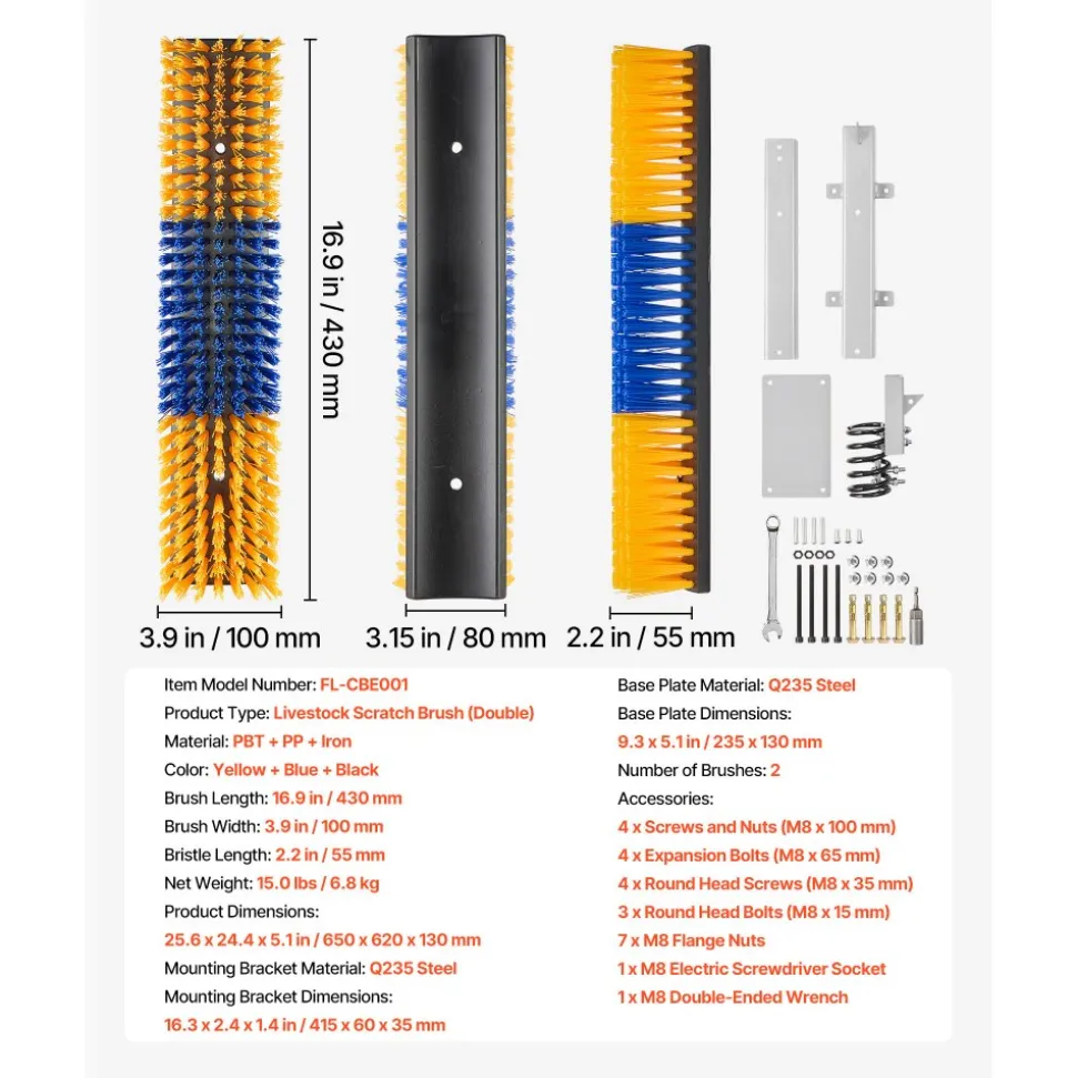 VEVOR 2 Way Livestock Scratching Brush, Dual Sided Goat Scratcher Brush with Mounting Bracket, 16.9" x 3.9" Cow Scratcher for Back Itch Relief, Massage Grooming Scratch Tool for Horse Cattle Sheep Pig
