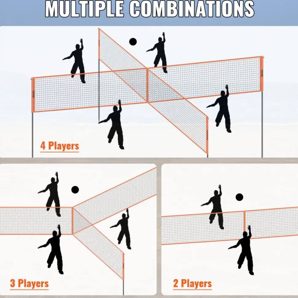 VEVOR 4-Way Volleyball Net, Adjustable Height Badminton Net Set for Backyard Beach Lawn, Outdoor Portable Volleyball Net with Carrying Bag, 4 Square Quick Assemble Game Set For Kids And Adults