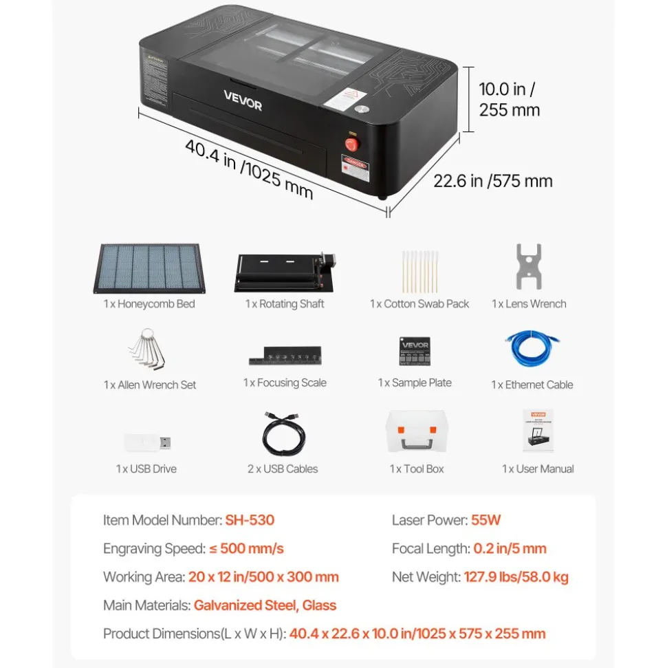 VEVOR 55W CO2 Laser Engraver, 20 x 12 in, Desktop CO2 Laser Engraver and Cutter Machine with 16MP Camera, Water Pump, Rotary Axis, Compatible with LightBurn CorelDRAW RDWorks, for Wood Acrylic Glass