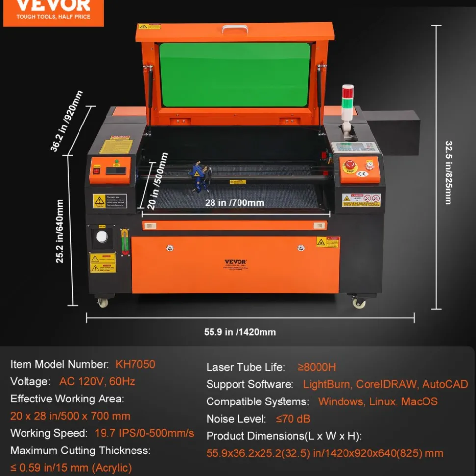 VEVOR 80W CO2 Laser Engraver, 20 x 28 in, 19.7 IPS Laser Cutter Machine with 2-Way Pass Air Assist, Compatible with LightBurn, CorelDRAW, AutoCAD, Windows, Mac OS, Linux, for Wood Acrylic Fabric More