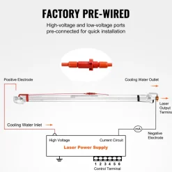 VEVOR 60W CO2 Laser Tube, 49.2 in (1250 mm) Length, 2 in (55 mm) Dia Borosilicate Glass Laser Cutter Tube with Metal Head, 5000-6000hr Wires Preconnected for Laser Engraver Engraving Cutting Machine