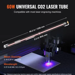VEVOR 60W CO2 Laser Tube, 49.2 in (1250 mm) Length, 2 in (55 mm) Dia Borosilicate Glass Laser Cutter Tube with Metal Head, 5000-6000hr Wires Preconnected for Laser Engraver Engraving Cutting Machine