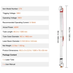 VEVOR 60W CO2 Laser Tube, 49.2 in (1250 mm) Length, 2 in (55 mm) Dia Borosilicate Glass Laser Cutter Tube with Metal Head, 5000-6000hr Wires Preconnected for Laser Engraver Engraving Cutting Machine