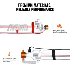 VEVOR 90W CO2 Laser Tube, 49.2 in (1250 mm) Length, 3.1 in (80 mm) Dia Borosilicate Glass Laser Cutter Tube with Metal Head, 10,000hr Wires Preconnected for Laser Engraver Engraving Cutting Machine