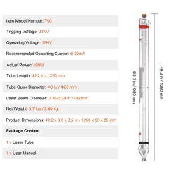 VEVOR 90W CO2 Laser Tube, 49.2 in (1250 mm) Length, 3.1 in (80 mm) Dia Borosilicate Glass Laser Cutter Tube with Metal Head, 10,000hr Wires Preconnected for Laser Engraver Engraving Cutting Machine
