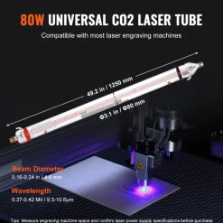 VEVOR 90W CO2 Laser Tube, 49.2 in (1250 mm) Length, 3.1 in (80 mm) Dia Borosilicate Glass Laser Cutter Tube with Metal Head, 10,000hr Wires Preconnected for Laser Engraver Engraving Cutting Machine