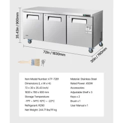 VEVOR 72" W Commercial Freezer, 17.7 Cu.Ft Worktop Freezers Undercounter with LED Auto Lighting and Lockable Door, 3 Doors Food Freezing Prep Worktable, Stainless Steel Prep Frozen Table with Casters