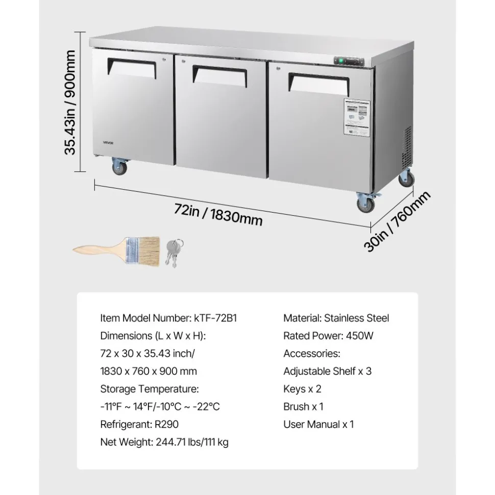 VEVOR 72" W Commercial Freezer, 17.7 Cu.Ft Worktop Freezers Undercounter with LED Auto Lighting and Lockable Door, 3 Doors Food Freezing Prep Worktable, Stainless Steel Prep Frozen Table with Casters