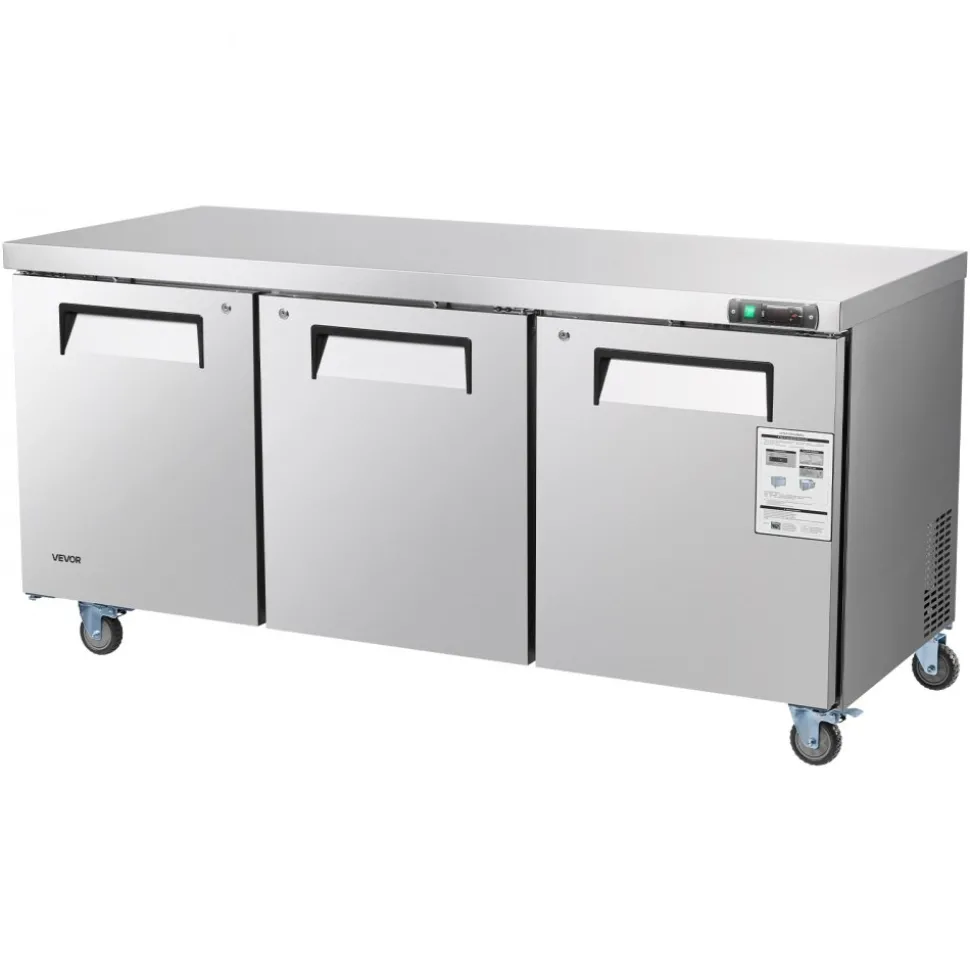 VEVOR 72" W Commercial Freezer, 17.7 Cu.Ft Worktop Freezers Undercounter with LED Auto Lighting and Lockable Door, 3 Doors Food Freezing Prep Worktable, Stainless Steel Prep Frozen Table with Casters