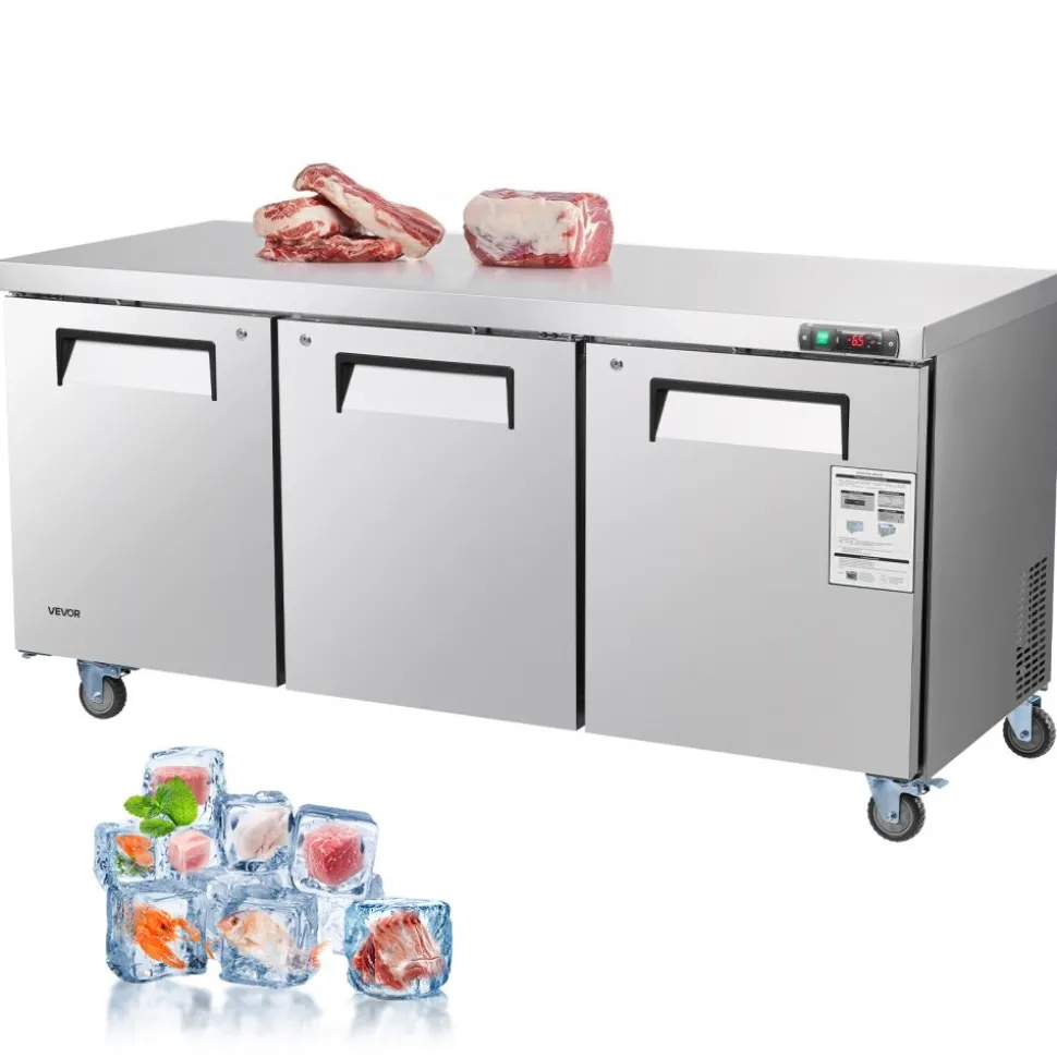 VEVOR 72" W Commercial Freezer, 17.7 Cu.Ft Worktop Freezers Undercounter with LED Auto Lighting and Lockable Door, 3 Doors Food Freezing Prep Worktable, Stainless Steel Prep Frozen Table with Casters