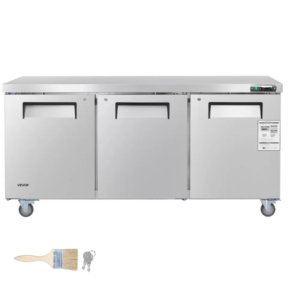 VEVOR 72" W Commercial Freezer, 17.7 Cu.Ft Worktop Freezers Undercounter with LED Auto Lighting and Lockable Door, 3 Doors Food Freezing Prep Worktable, Stainless Steel Prep Frozen Table with Casters