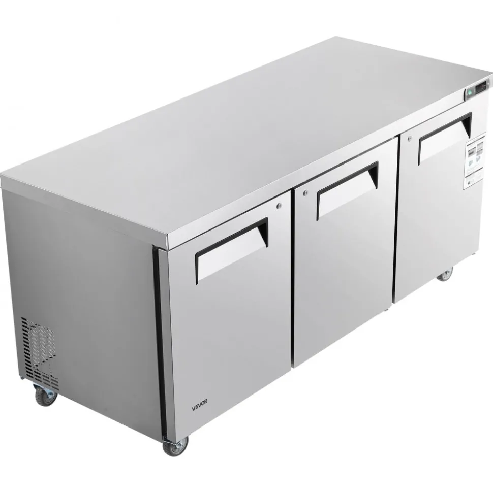 VEVOR 72" W Commercial Freezer, 17.7 Cu.Ft Worktop Freezers Undercounter with LED Auto Lighting and Lockable Door, 3 Doors Food Freezing Prep Worktable, Stainless Steel Prep Frozen Table with Casters