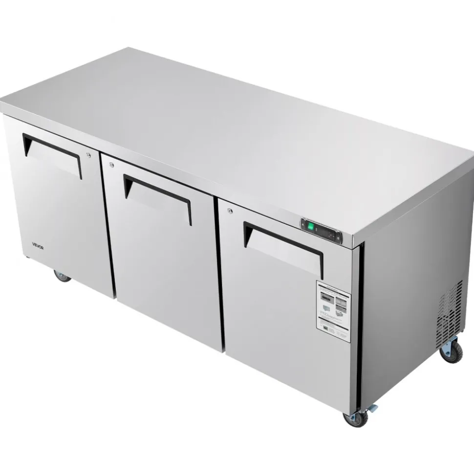 VEVOR 72" W Commercial Freezer, 17.7 Cu.Ft Worktop Freezers Undercounter with LED Auto Lighting and Lockable Door, 3 Doors Food Freezing Prep Worktable, Stainless Steel Prep Frozen Table with Casters